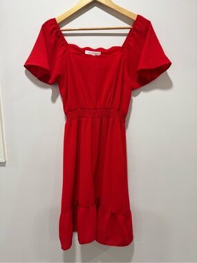 Monteau Los Angeles Red  Mini Dress Scalloped Square Neck Flutter Sleeve Size S